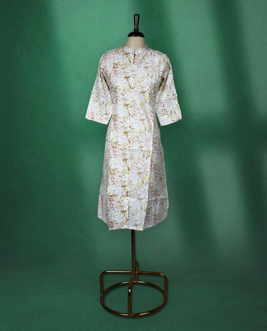 Off white cotton kurti featuring an all over leaf print, styled with a smart mandarin collar, front buttons, and elbow length sleeves perfect for a relaxed, everyday look.