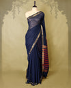 Navy Blue colour chanderi cotton saree with fine striped body, mangalgiri border, grand pallu featuring Deep Red and gold zari stripes, with matching blouse.