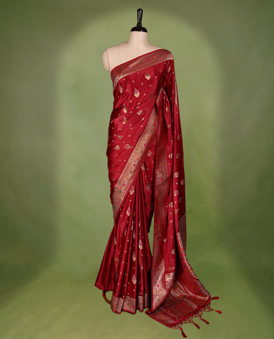 Dark Red Colour Semi  Banarasi Saree having Golden Buttas in Body with Worked Border and Blouse
