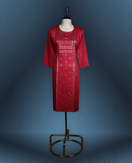 Dim red colour kurti with an all over subtle geometric weave, accentuated by an ornate golden printed front panel, featuring a round neckline and elegant three quarter sleeves