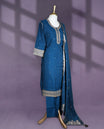 Teal blue colour salwar set with round neck and elbow sleeves featuring mirror embroidered neck sleeve and hemline with scattered buttis on body paired with matching plain bottom and embroidered dupatta