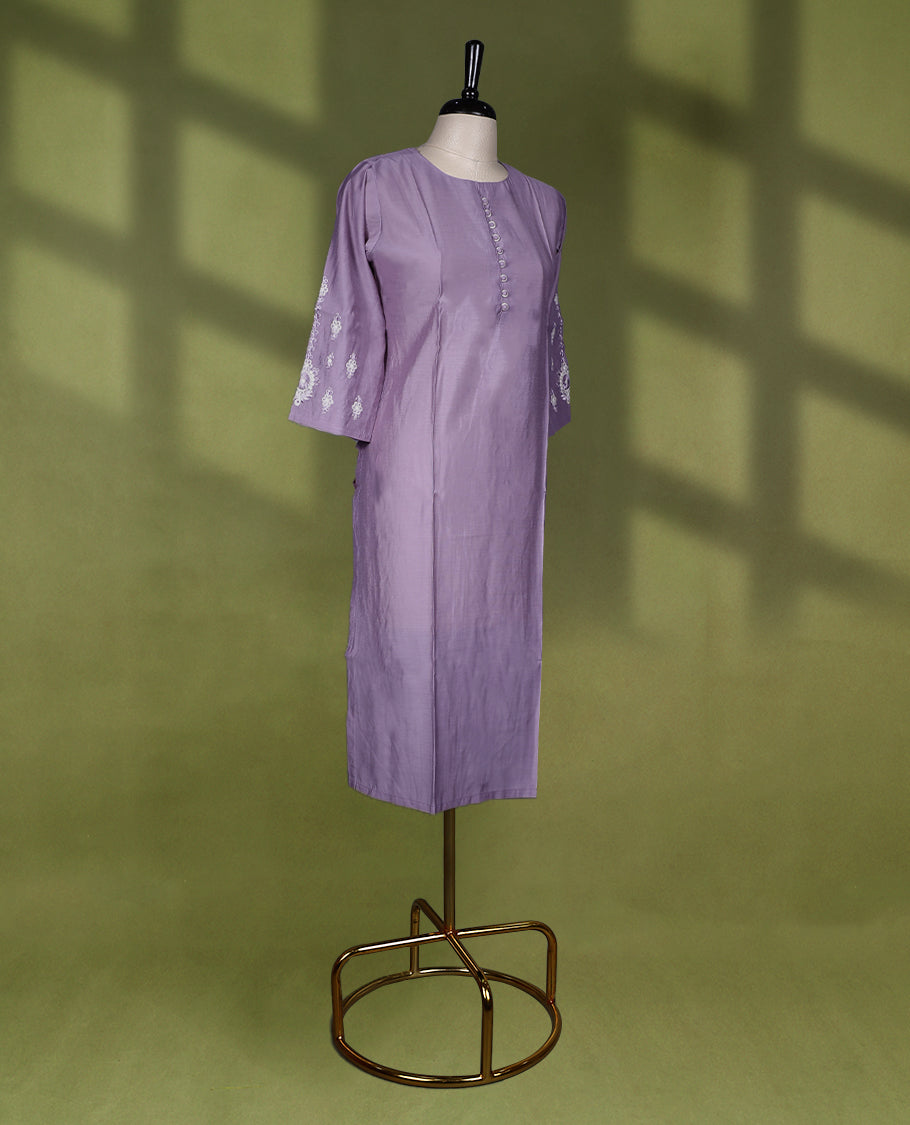 Lilac coloured round neck Readymade kurti for women, featuring 3/4 sleeves with embroidery work.