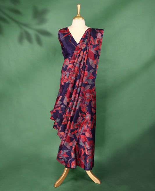 Deep purple colour Manipuri saree features a body with bold red and grey floral prints, a minimal border, and comes with a matching blouse.