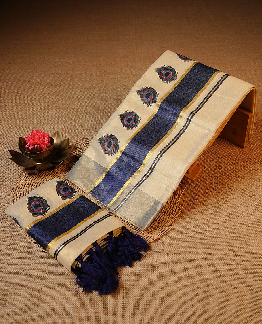 Cream colour Tissue silk set mund Featuring Elegant plain body, Complemented by Peacock print with blue colour & zari border.