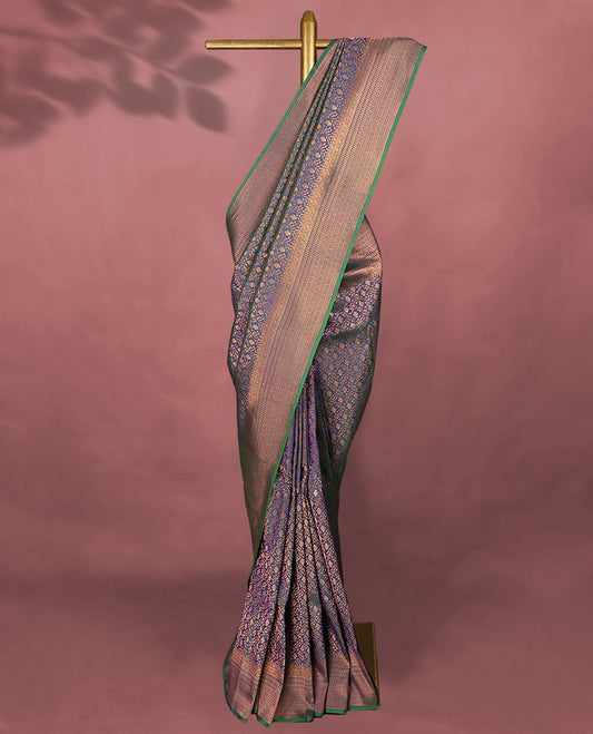 Double Shade Peacock Kancheepuram Colour Silk Brocade Saree having Brocade Body with Self Coloured Brocade Border and Blouse