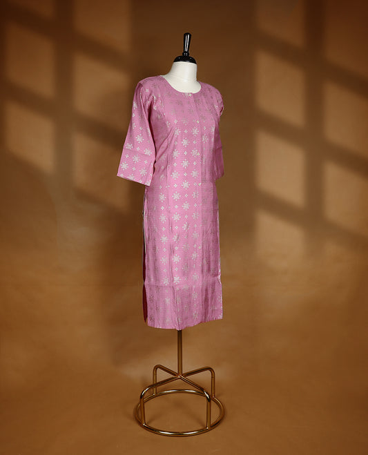 Dusty rose pink colour kurti from TWARA, featuring intricate golden foil print in a geometric floral pattern, finished with a round neckline and a button-down front placket.