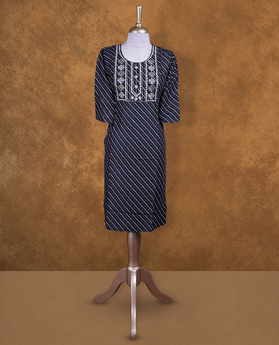 Black colour kurti with styled with a thread pattern around neckline, print pattern across body, knee length design, and a sleeve.