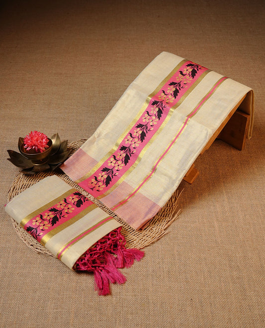 Golden colour Tissue silk set mundu features a plain body accented by a Floral Kodi print on Pink & gold zari border.