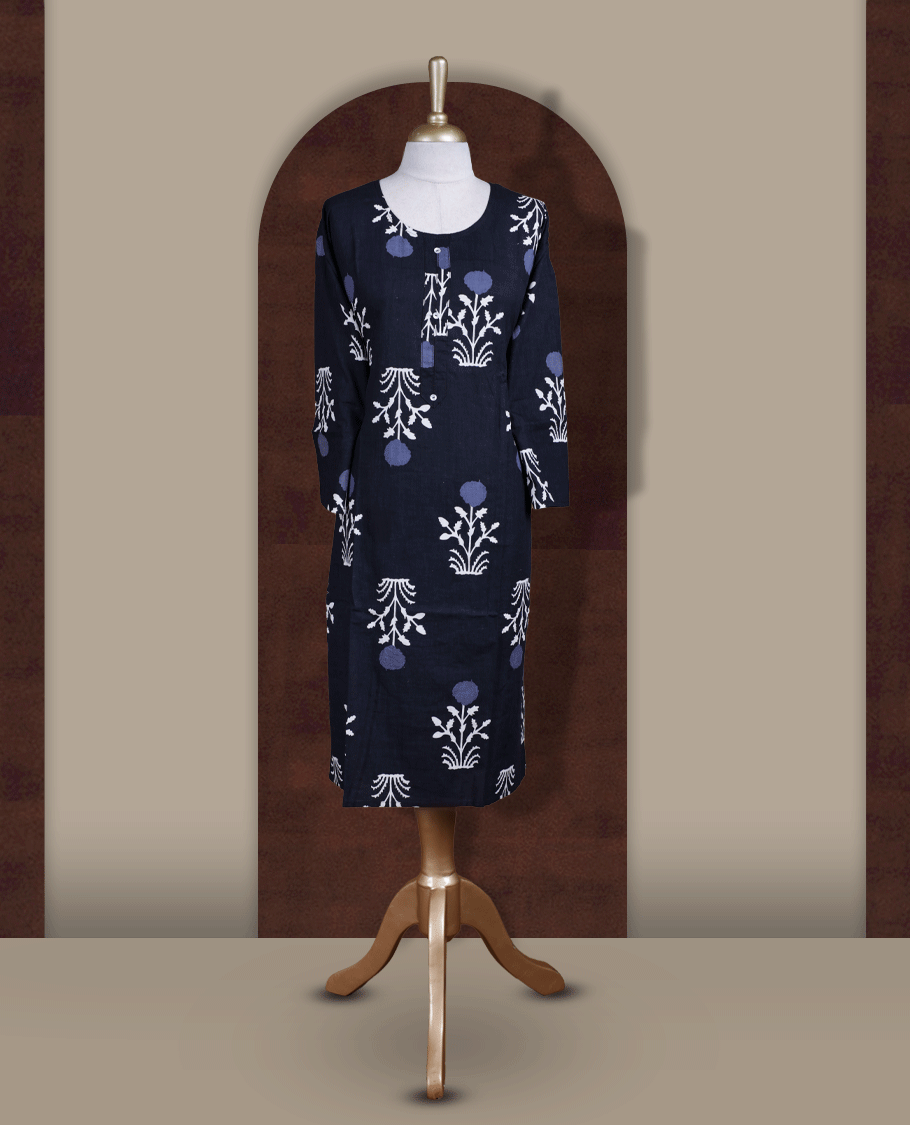 Navy blue colour kurti adorned with white and light blue floral prints, featuring a round neckline with button placket and comfy 3/4th sleeves.