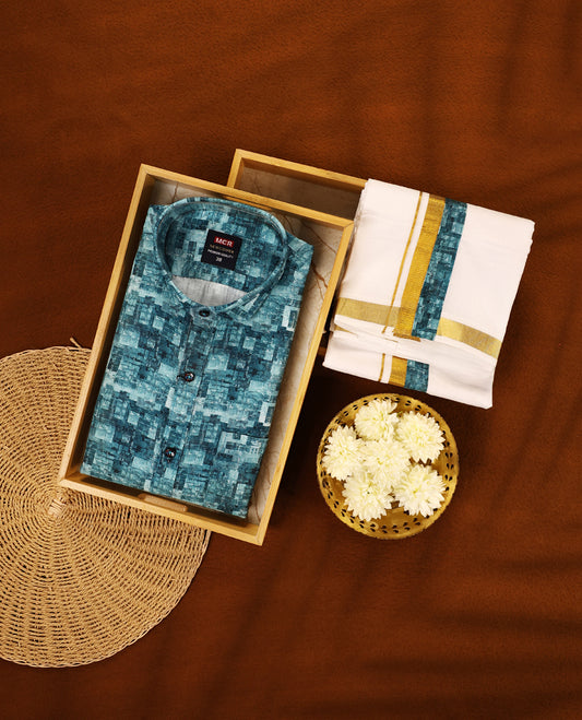 Pastel Aqua colour MCR full sleeve shirt featuring all over abstract prints, paired with a white dhoti adorned with a rich golden zari kara and a matching printed border.