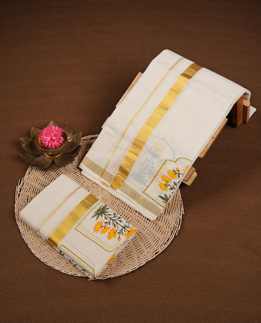 Off white colour cotton set mundu highlights gold traditional border (2.00/2.80 MTS)