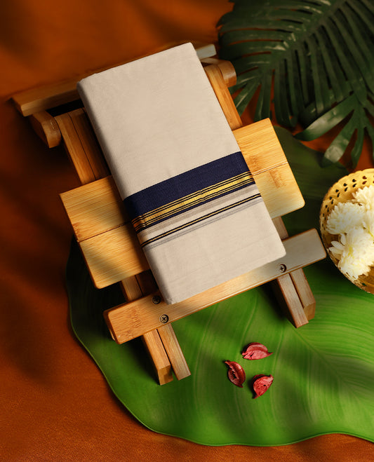Light ivory Colour cotton double dhoti with 1.5 Inch Deep Navy Blue kara, crafted for traditional elegance & comfort, for men.