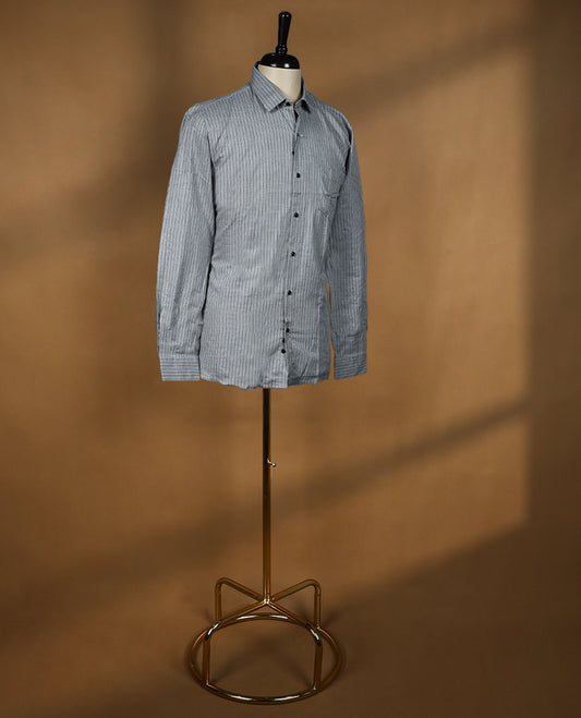 Grey striped cotton formal shirt by Peter England featuring full sleeves, a classic spread collar, and a front button closure crafted for a polished, professional look with all day comfort.