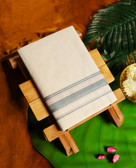 Beige colour cotton single dhoti featuring a soft grey and pastel pink kara with clean line detailing & Designed for daily comfort and traditional grace, ideal for rituals, cultural events, and festive wear.