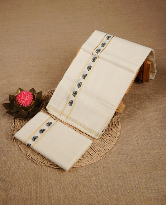 Cream colour cotton set mundu highlighting gold zari & black colour lotus print border.