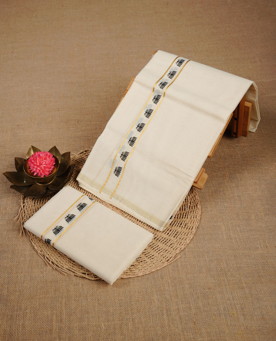 Cream colour cotton set mundu highlighting gold zari & black colour lotus print border.