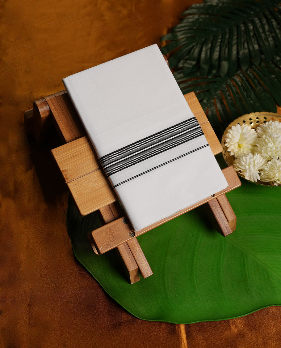 White Colour RAMRAJ Pure Cotton single Dhoti with Black and Silver Colour Border for Men