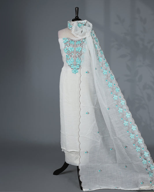 Off White Kotta Net Salwar Material featuring elegant aqua floral thread embroidery on yoke, paired with a matching bottom and an embroidered dupatta.
