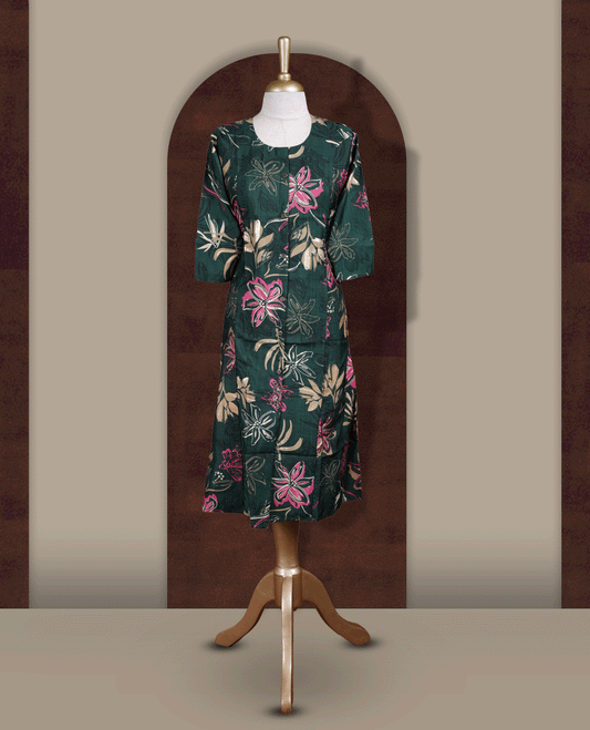 Dark green colour kurthi featuring boldpink,beige,light golden colour floral prints, a round neckline with front button detailing, and comfortable 3/4th sleeves & Designed in a flattering A line silhouette.