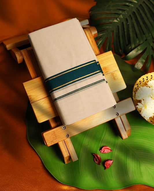Light ivory Colour cotton double dhoti with 1.5 Inch Deep Sea Green kara, crafted for traditional elegance & comfort, for men.