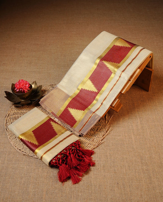 Golden colour Tissue silk set mundu features a plain body accented by a Red & gold temple zari border.