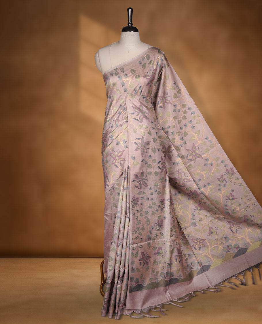 Light Lavender colour semi jamdani tussar silk saree featuring woven Floral kodi & butterfly motifs on the body, complemented by a self colour  without border pallu, paired with a matching blouse.