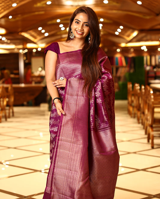 Deep maroon pure Kancheepuram brocade silk saree featuring Banarasi kodi design on the body, with fancy border in net and mayilkannu motifs, heavy antique zari pallu with diamond star design, and brocade blouse
