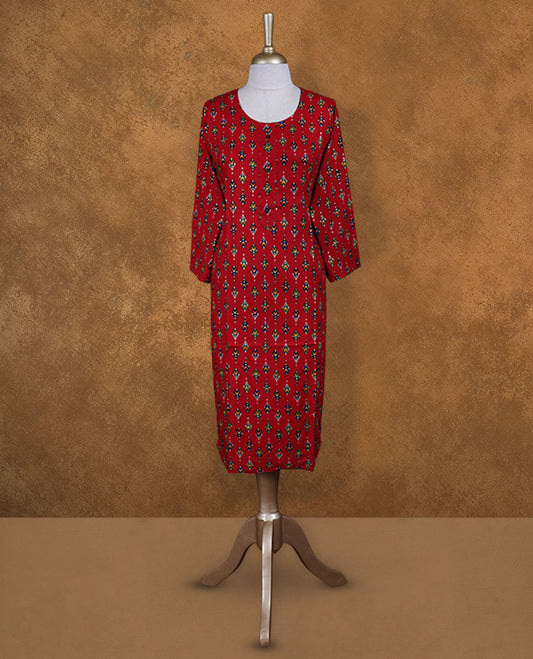 Red colour kurti styled with round neckline, multicolour pattern and gold dots on body and sleeve