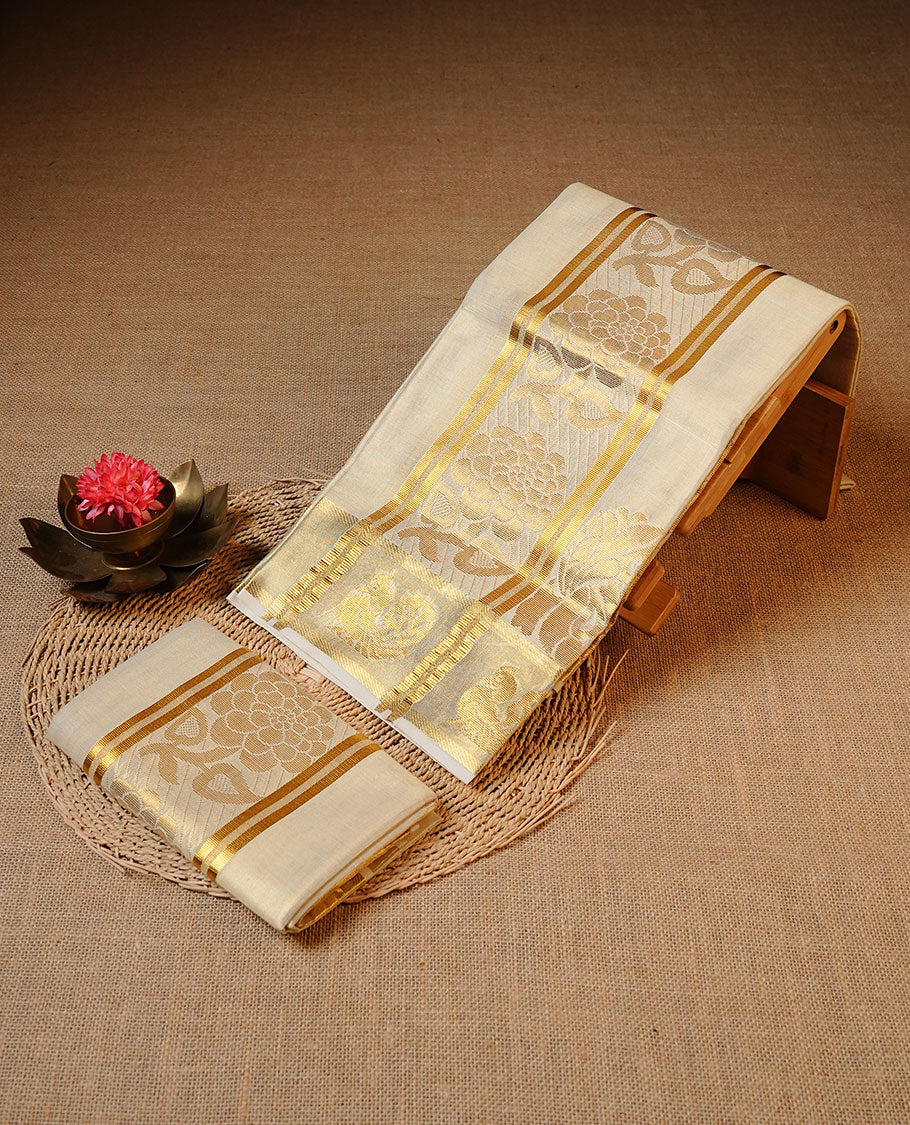 Golden colour Tissue silk set mundu features a plain body accented by a Floral gold zari border.