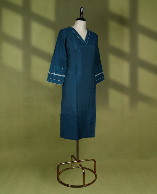 Prussian blue Colour V neck Readymade kurti for women with 3/4 sleeves.