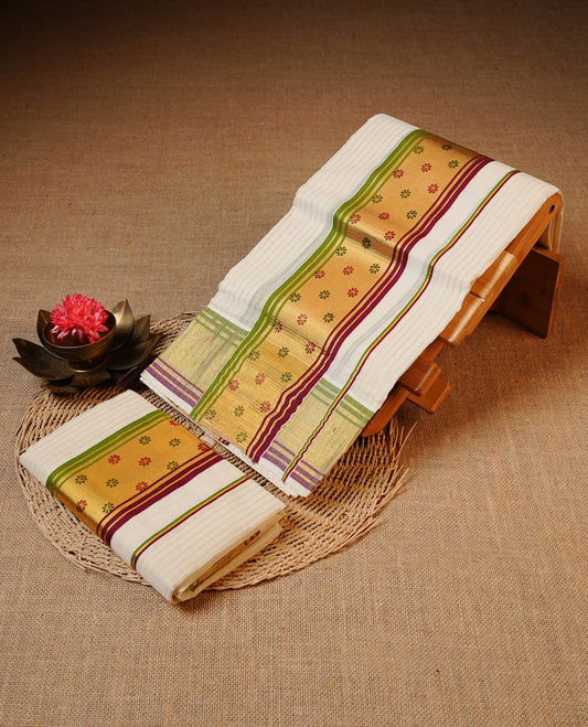 Off white colour Cotton Set Mund featuring a Stripes on body, enhanced by a Green & maroon colour with floral print on zari border.
