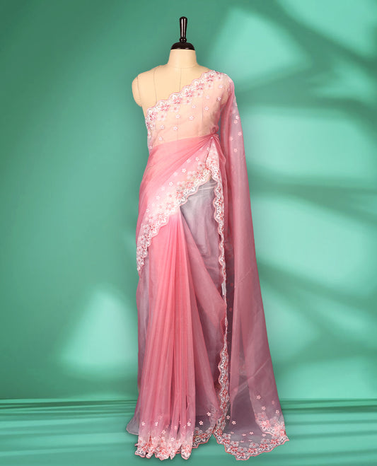 Light Pink and White colour double shade organza saree with delicate floral embroidery on body, intricately embroidered scallop border, floral embroidered design on pallu, with matching blouse
