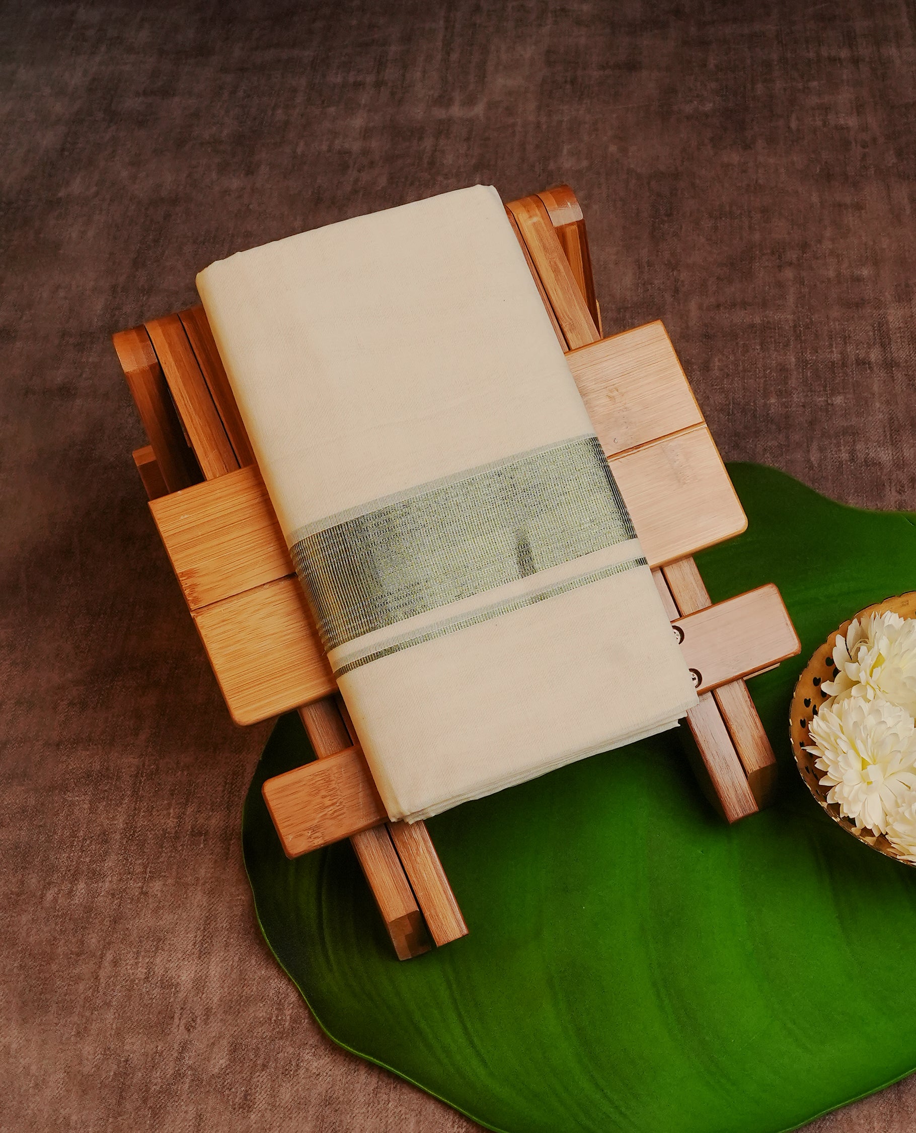 Cream Colour Cotton Double Dhoti Finished With A Classic Light green Zari Kara