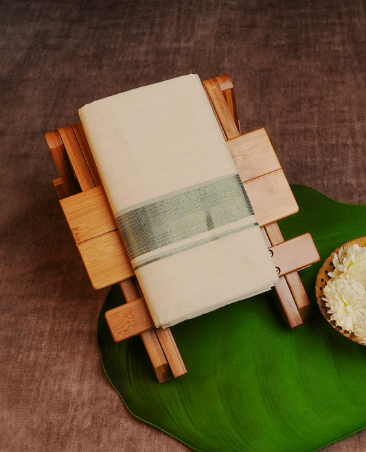 Cream Colour Cotton Double Dhoti Finished With A Classic Light green Zari Kara