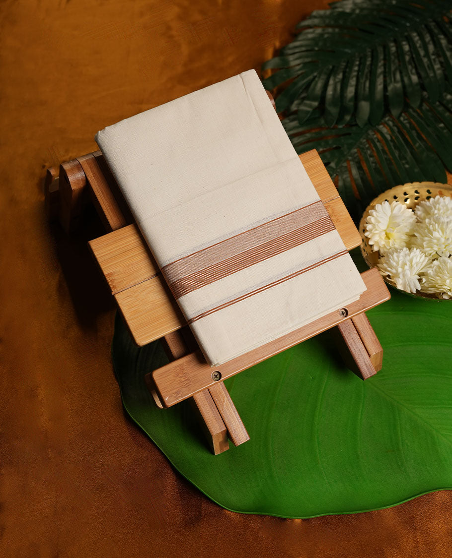 Cream Colour Pure Cotton single Dhoti with Brown Colour Border for Men