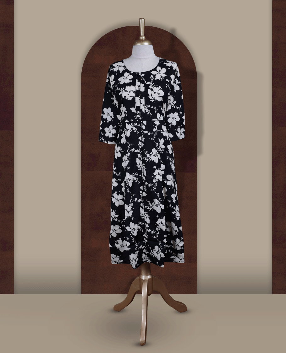 Black colour kurthi featuring with beigecolour floral prints all over & Designed with a round neckline, button placket, and 3/4 sleeves.
