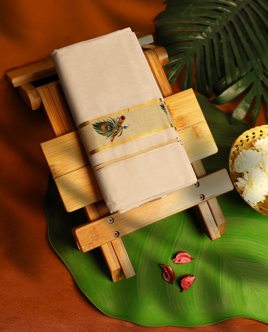 Light ivory Colour cotton double dhoti with 1.5 Inch Golden kara with flute and peacock feather Print, crafted for traditional elegance & comfort, for men.