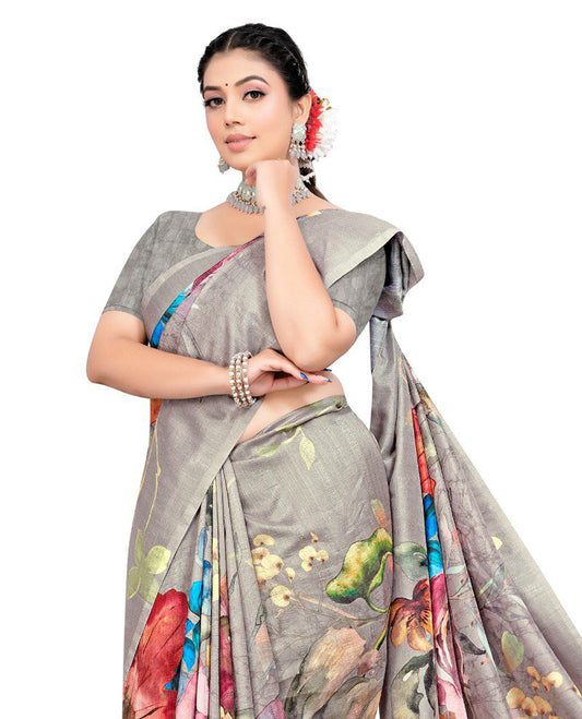 Light chikku colour Semi linen saree featuring vibrant multicolour floral digital prints on body and pallu, paired with a matching blouse.