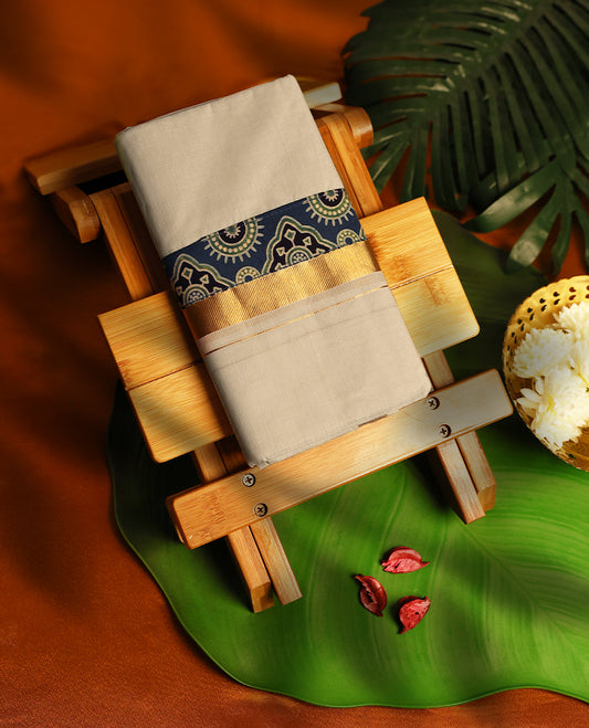 Light ivory Colour cotton double dhoti having Gold with Blue Ajrakh kara, crafted for traditional elegance & comfort, for men.