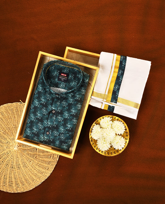Deep teal green colour MCR full sleeve shirt featuring all over abstract prints, paired with a white dhoti adorned with a rich golden zari kara and a matching deep teal printed border.