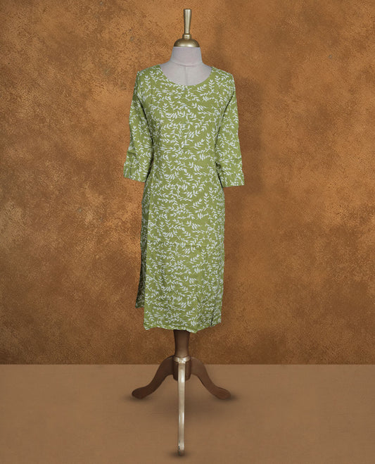 Olive colour kurti with White floral prints, knee length design, styled with a round neckline and a sleeve .