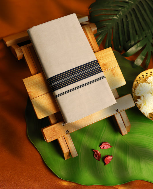 Light ivory Colour cotton double dhoti with 1.5 Inch Midnight Blue kara, crafted for traditional elegance & comfort, for men.