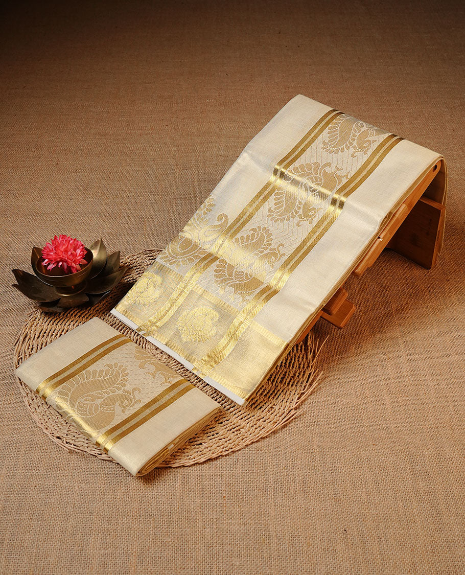 Cream colour Tissue silk set mund Featuring Elegant plain body, Complemented by Gold zari Peacock design border.