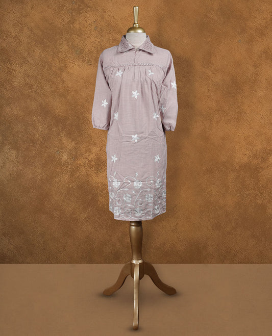 Dusty mauve embroidered nightwear kurti with delicate white floral thread work, crochet-detailed shirt collar, front yoke gathers, and half sleeves with soft elasticated hem.