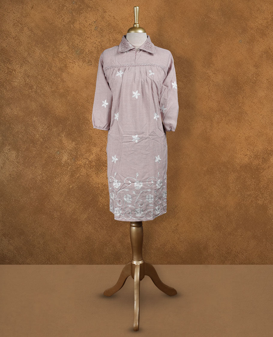 Dusty mauve embroidered nightwear kurti with delicate white floral thread work, crochet-detailed shirt collar, front yoke gathers, and half sleeves with soft elasticated hem.