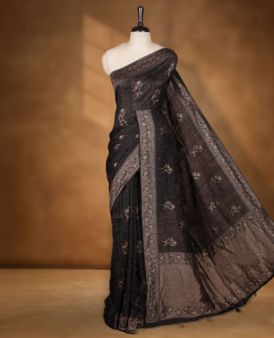 Black colour Banarasi Bandhani silk saree featuring with intricate Banarasi motifs on body, complemented by antique zari woven border and grand pallu, paired with matching  blouse