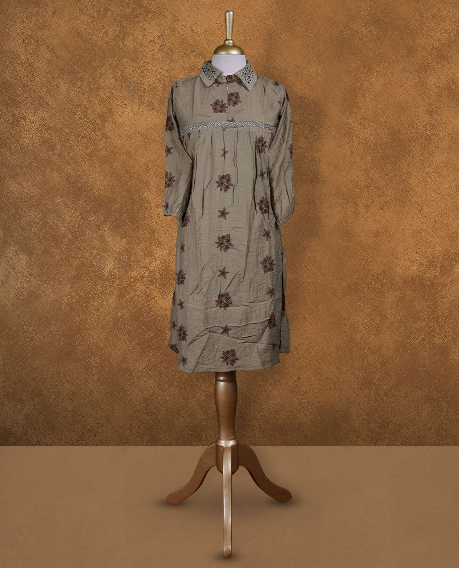 Taupe embroidered nightwear kurti with crochet-detailed shirt collar, scattered floral and star motifs, front yoke gathers, and three-quarter sleeves with elasticated hem.