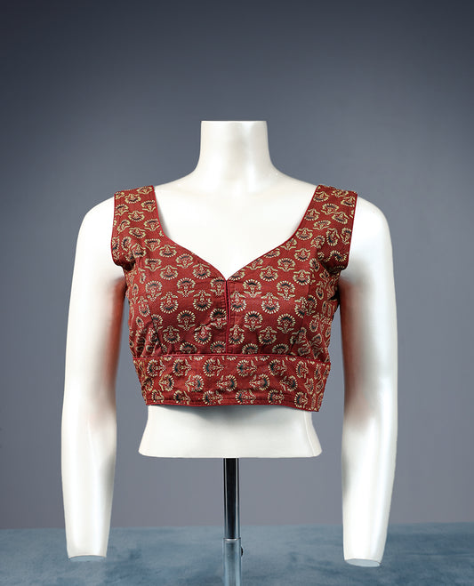 Brick Brown Colour Floral Block Print, Deep Neck, Attachable Sleeves, Padded, Ready Made Blous