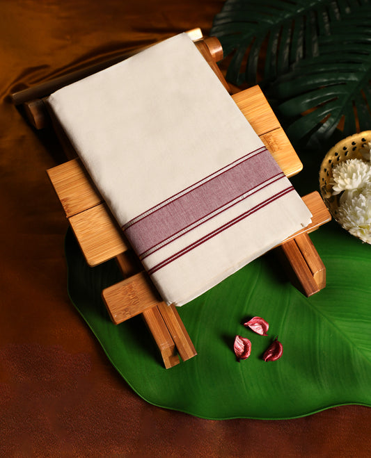 Off white cotton single dhoti featuring a light maroon kara with refined double line edging, offering a blend of simplicity and tradition, perfect for rituals, festive occasions, and cultural gatherings