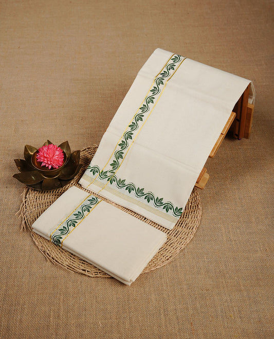 Cream colour cotton set mundu highlighting gold zari border with green colour floral print